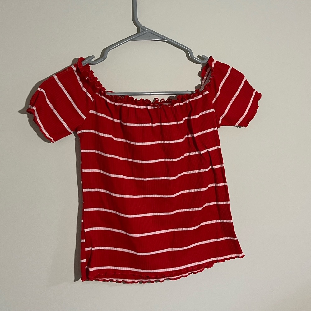 Red and White Off The Shoulder Striped Crop Top